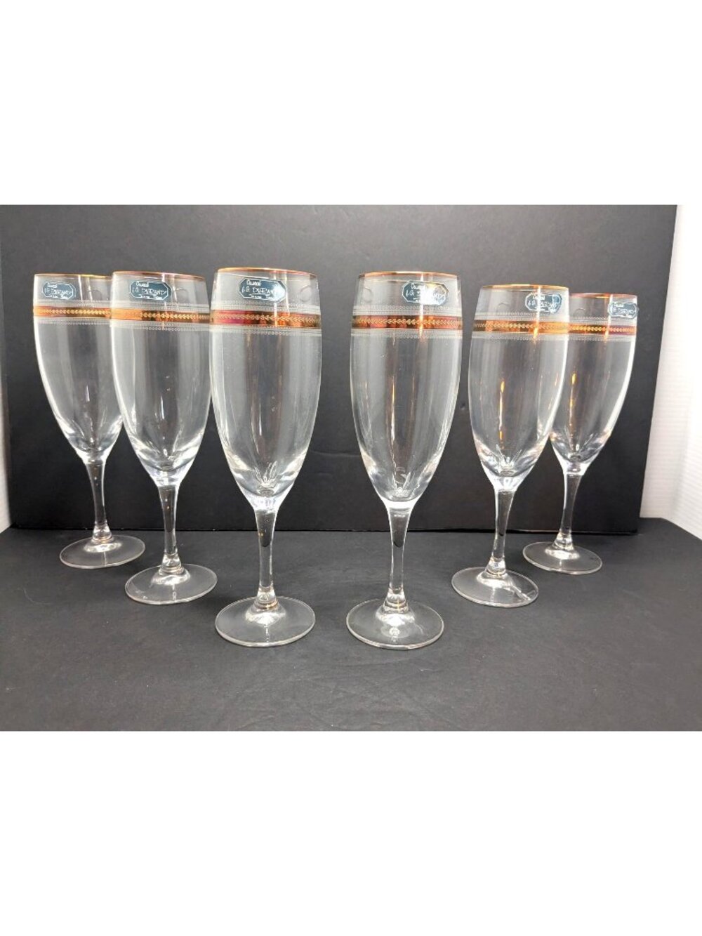 6 MCM Cristal DArques Durand Valloire Copper Accents Champagne Flutes Box Scarce